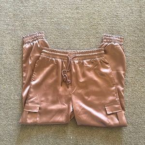 NastyGal Champagne Pink Satin Cargo Joggers